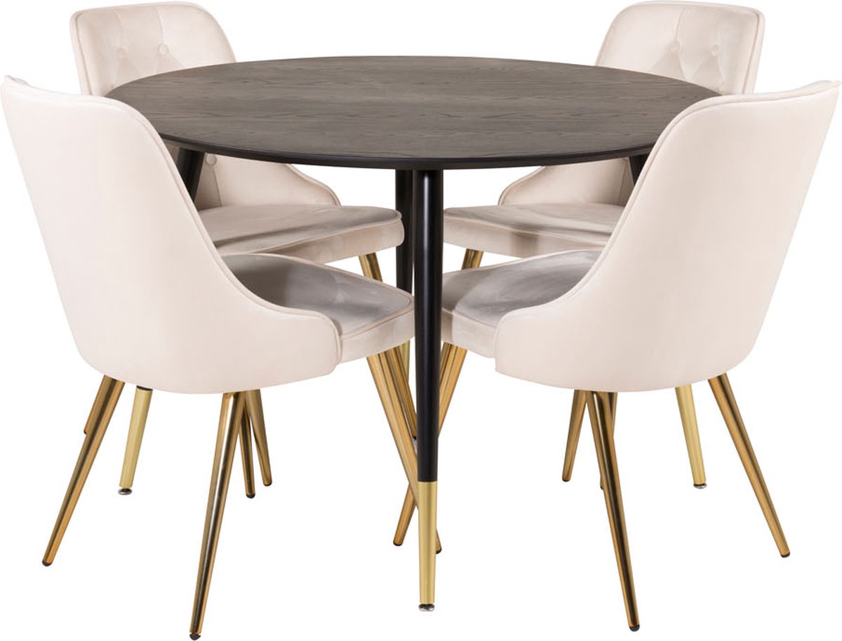 DippØ115BLBR eethoek eetkamertafel zwart en 4 Velvet Deluxe eetkamerstal velours beige, messing decor.