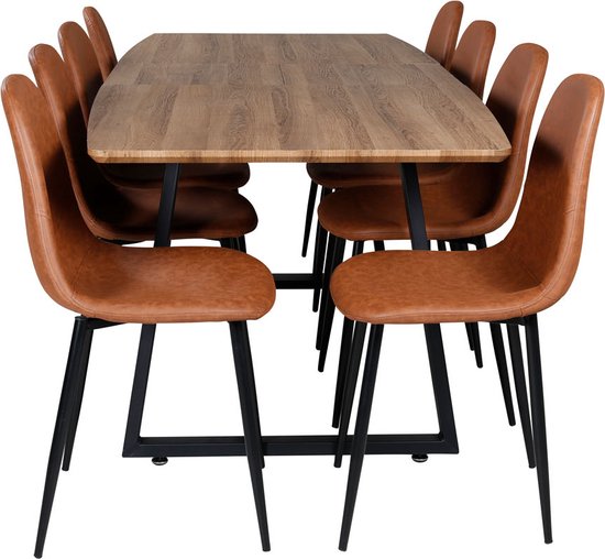 IncaNABL eethoek eetkamertafel uitschuifbare tafel lengte cm 160 / 200 el hout decor en 8 Polar eetkamerstal PU kunstleer bruin.