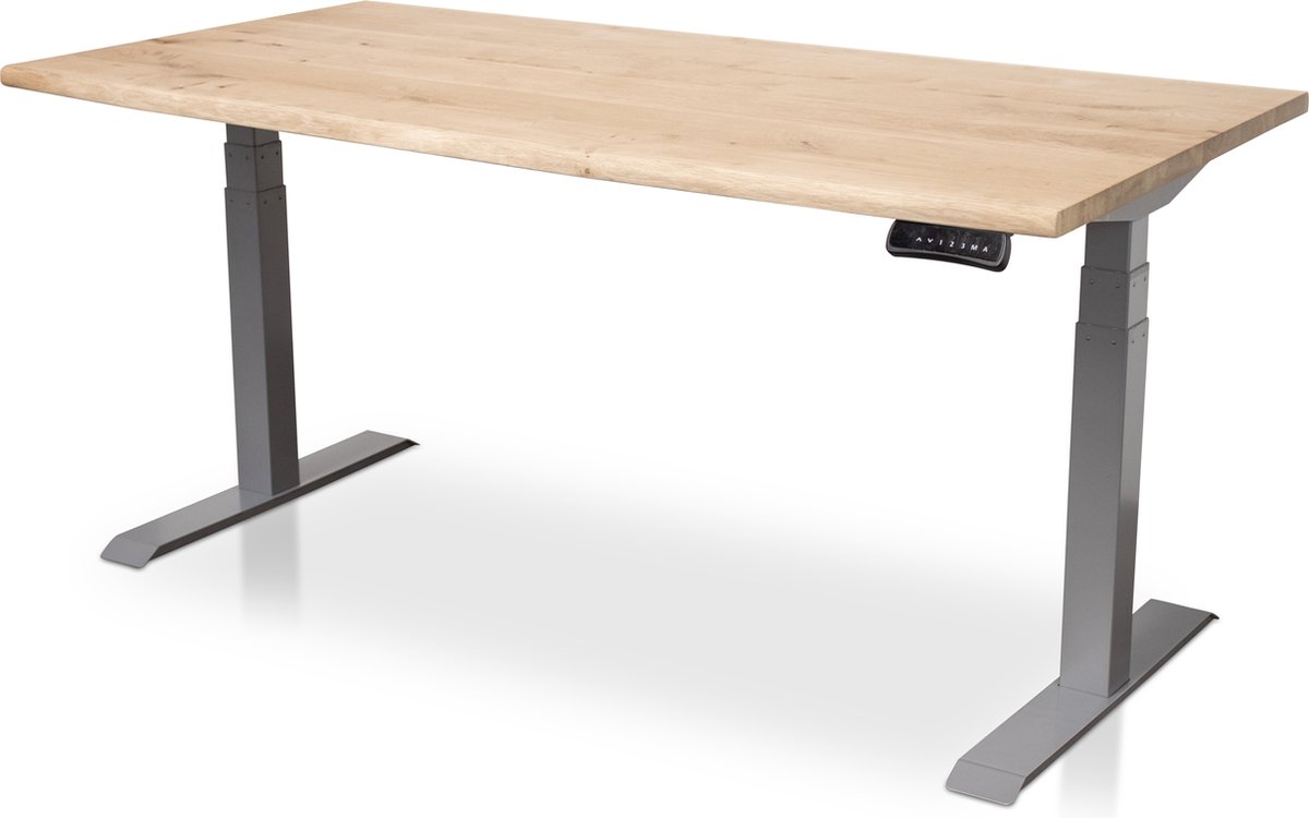 Multi Ratio Zit-sta bureau met massief eiken boomstam blad 160 x 80 cm - MRC PRO NEN-EN 527 - elektrisch verstelbaar - frame aluminium - 130 cm hoog - 150KG draagvermogen