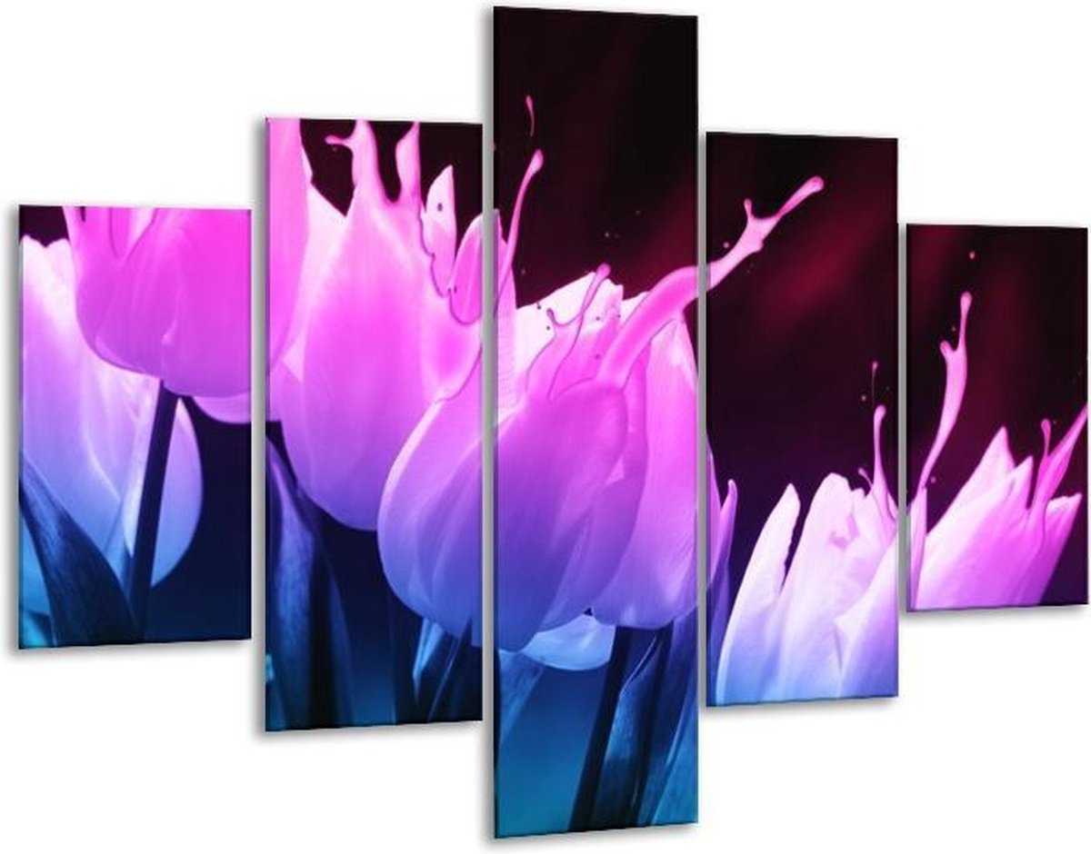 Glasschilderij -  Tulp - Paars, Roze, Blauw - 100x70cm 5Luik - Geen Acrylglas Schilderij - GroepArt 6000+ Glasschilderijen Collectie - Wanddecoratie- Foto Op Glas op Prijzenvolger.com
