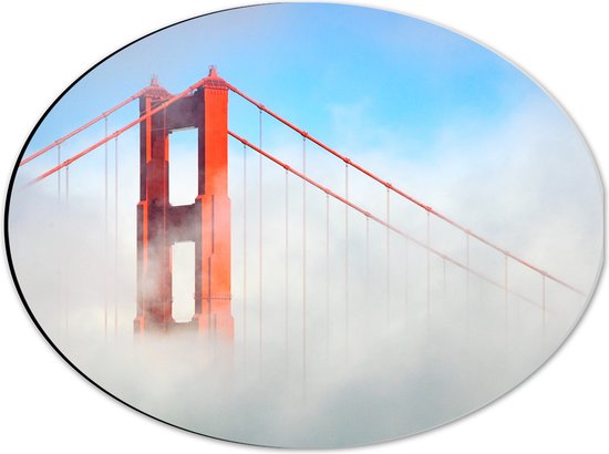 Dibond Ovaal - Golden Gate Bridge in de Dichte Mist. San Francisco Caliornië - 40x30 cm Foto op Ovaal (Met Ophangsysteem)