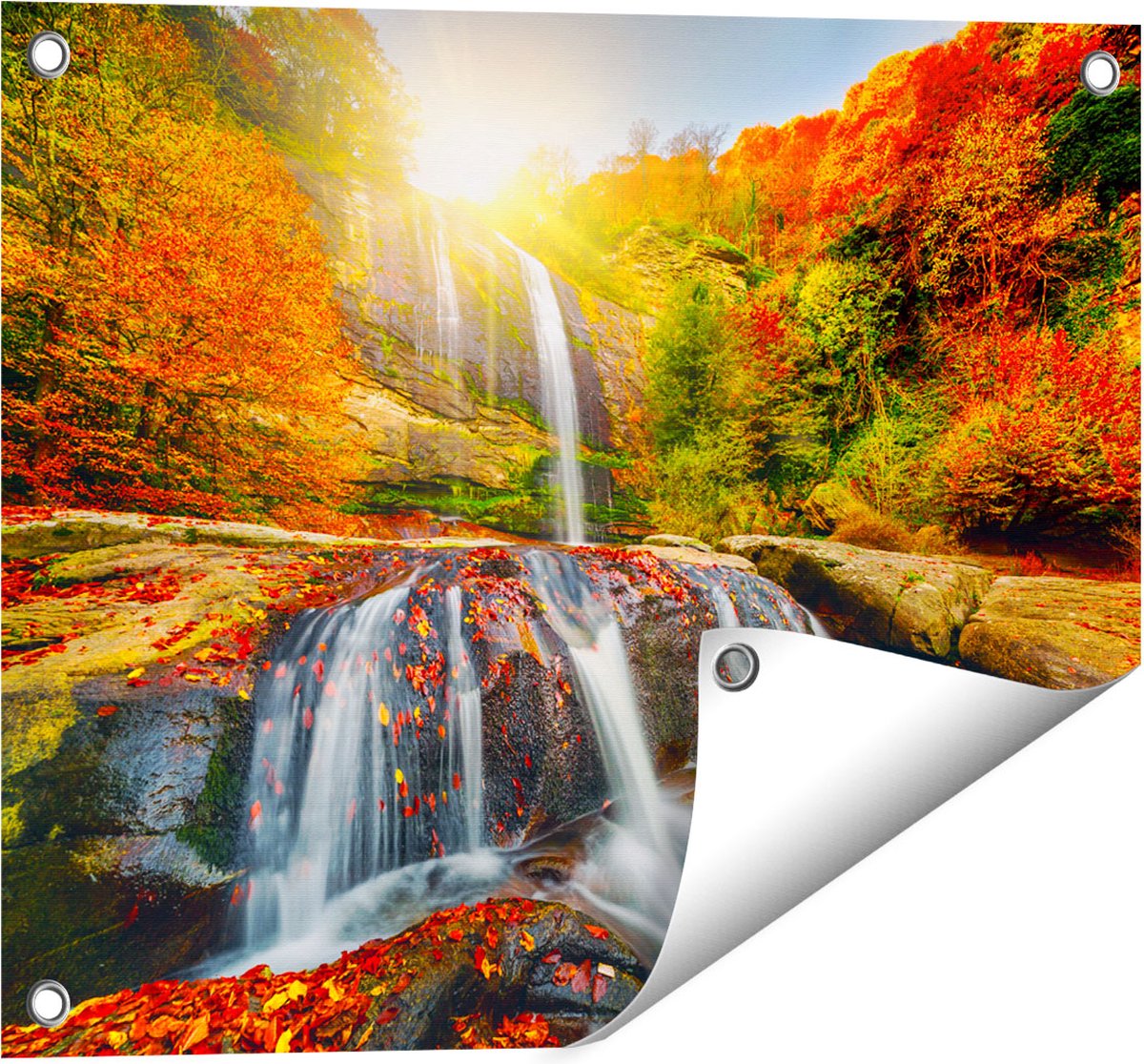 Gards Tuinposter Waterval in de Herfst Kleuren - 50x40 cm - Tuindoek - Tuindecoratie - Wanddecoratie buiten - Tuinschilderij Multikleur