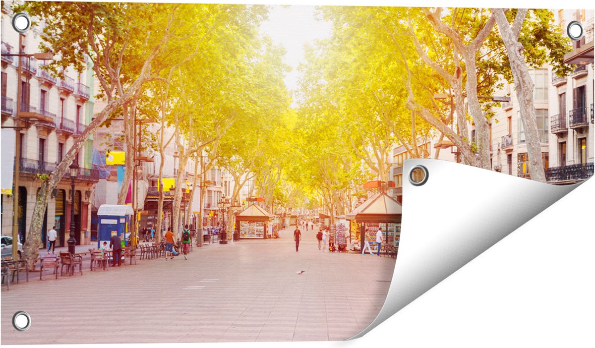 Gards Tuinposter De Ramblas Straat in Barcelona - 60x30 cm - Tuindoek - Tuindecoratie - Wanddecoratie buiten - Tuinschilderij Multikleur
