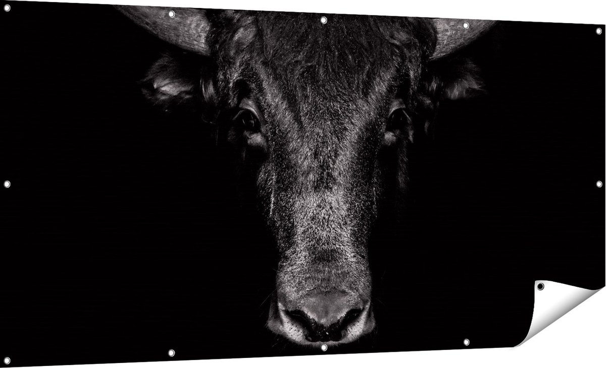 Gards Tuinposter Stierenkop - Stier - Zwart Wit - 180x90 cm - Tuindoek - Tuindecoratie - Wanddecoratie buiten - Tuinschilderij Multikleur