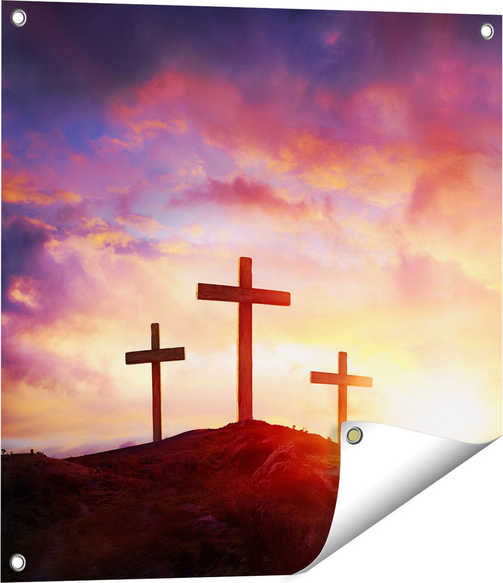 Gards Tuinposter Kruisiging van Jezus Christus - Drie Kruisen - 60x60 cm - Tuindoek - Tuindecoratie - Wanddecoratie buiten - Tuinschilderij Multikleur