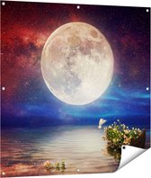 Gards Tuinposter Volle Maan in de Hemel boven het Water - 100x100 cm - Tuindoek - Tuindecoratie - Wanddecoratie buiten - Tuinschilderij