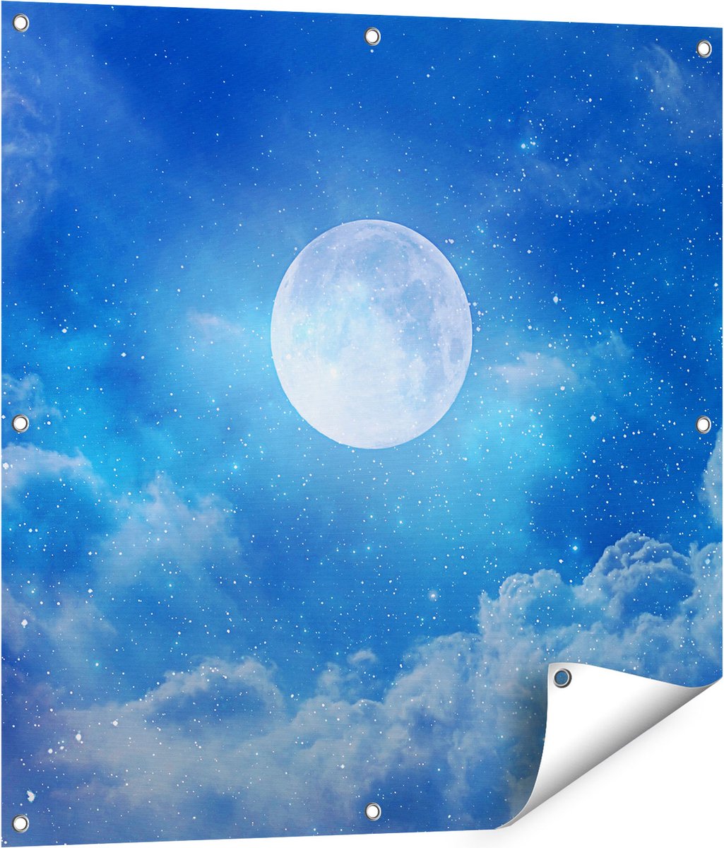 Gards Tuinposter Volle Maan in de Blauwe Hemel met Sterren - 80x80 cm - Tuindoek - Tuindecoratie - Wanddecoratie buiten - Tuinschilderij Multikleur