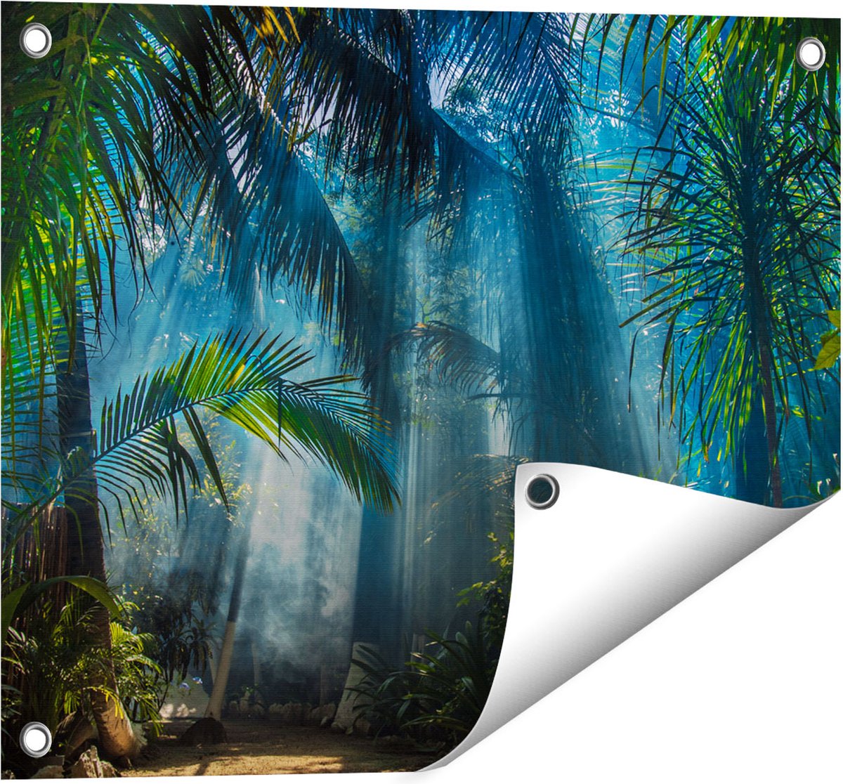 Gards Tuinposter Dichtbegroeide Jungle met Zonnestralen - 50x40 cm - Tuindoek - Tuindecoratie - Wanddecoratie buiten - Tuinschilderij Multikleur