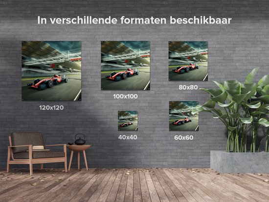 Gards Tuinposter Formule 1 Auto bij de Finish in het Rood - 70x70 cm - Tuindoek - Tuindecoratie - Wanddecoratie buiten - Tuinschilderij