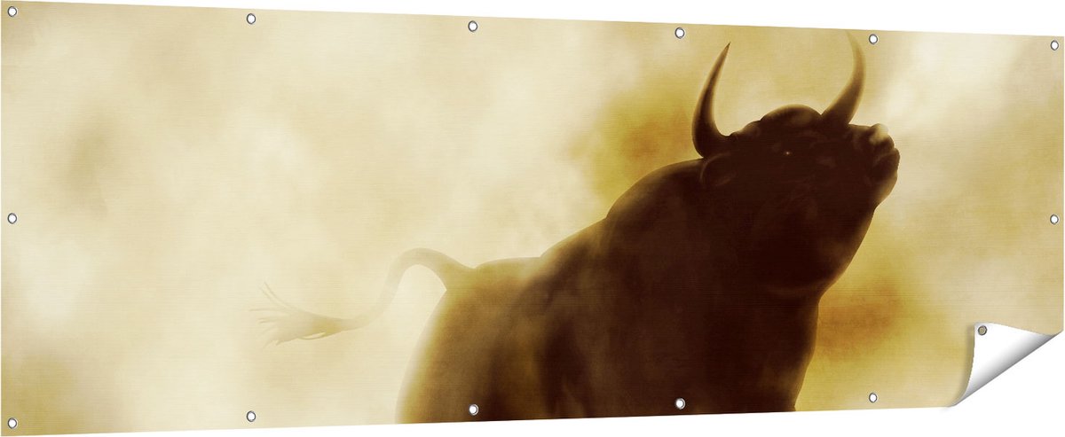 Gards Tuinposter Zwarte Stier in het Stoffige Rook - 210x70 cm - Tuindoek - Tuindecoratie - Wanddecoratie buiten - Tuinschilderij Multikleur