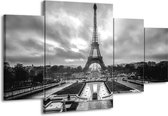 GroepArt - Schilderij -  Parijs, Eiffeltoren - Zwart, Wit, Grijs - 160x90cm 4Luik - Schilderij Op Canvas - Foto Op Canvas