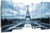 GroepArt - Canvas Schilderij - Parijs, Eiffeltoren - Blauw, Grijs - 150x80cm 5Luik- Groot Collectie Schilderijen Op Canvas En Wanddecoraties