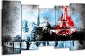 GroepArt - Canvas Schilderij - Parijs, Eiffeltoren - Blauw, Rood, Zwart - 150x80cm 5Luik- Groot Collectie Schilderijen Op Canvas En Wanddecoraties