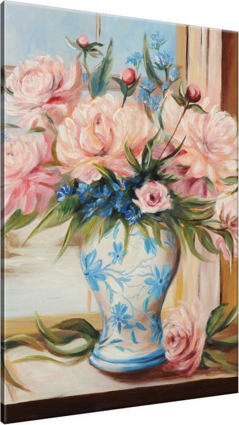 Schilderij handgeschilderd Bloemen in vaas | Roze , Grijs , Blauw | 150x70cm 5Luik