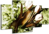 GroepArt - Schilderij -  Tulpen - Groen, Bruin, Wit - 160x90cm 4Luik - Schilderij Op Canvas - Foto Op Canvas