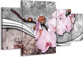 GroepArt - Schilderij -  Orchidee - Roze, Grijs - 160x90cm 4Luik - Schilderij Op Canvas - Foto Op Canvas