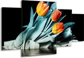 GroepArt - Schilderij -  Tulp - Oranje, Blauw, Zwart - 160x90cm 4Luik - Schilderij Op Canvas - Foto Op Canvas