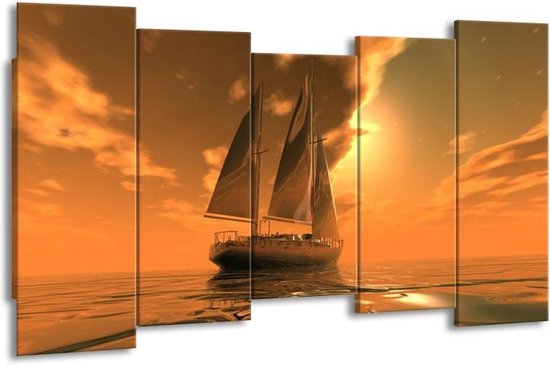 GroepArt - Canvas Schilderij - Zeilboot - Bruin, Geel, Grijs - 150x80cm 5Luik- Groot Collectie Schilderijen Op Canvas En Wanddecoraties