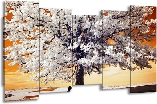 GroepArt - Canvas Schilderij - Boom - Wit, Geel, Zwart - 150x80cm 5Luik- Groot Collectie Schilderijen Op Canvas En Wanddecoraties