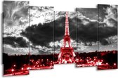 GroepArt - Canvas Schilderij - Eiffeltoren - Grijs, Rood, Zwart - 150x80cm 5Luik- Groot Collectie Schilderijen Op Canvas En Wanddecoraties