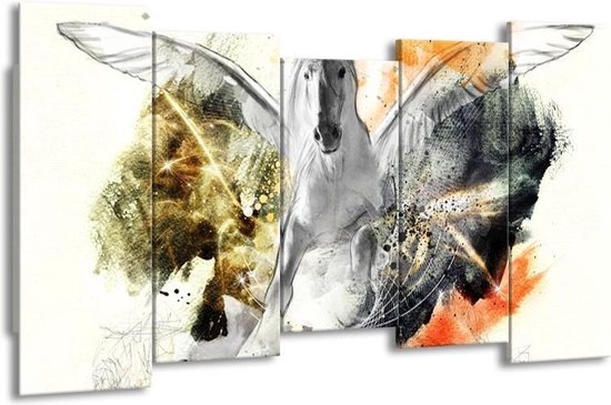GroepArt - Canvas Schilderij - Paard - Wit, Oranje, Grijs - 150x80cm 5Luik- Groot Collectie Schilderijen Op Canvas En Wanddecoraties