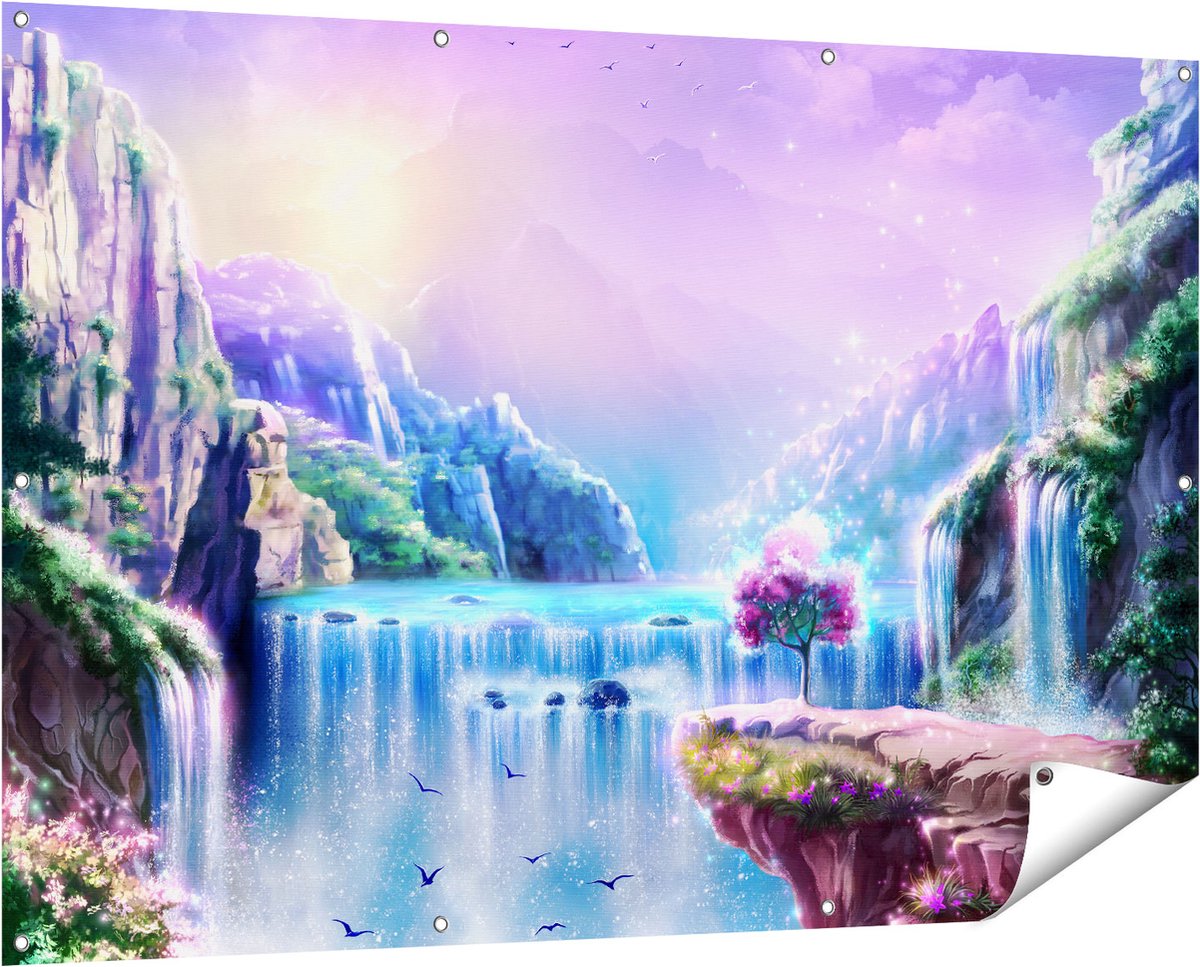 Gards Tuinposter Kleurrijke Sprookjes Waterval - Abstract - 150x100 cm - Tuindoek - Tuindecoratie - Wanddecoratie buiten - Tuinschilderij Multikleur
