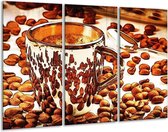 Glasschilderij Koffie - Bruin, Geel - 120x80cm 3Luik - Foto Op Glas - Geen Acrylglas Schilderij - GroepArt 6000+ Glas Art Collectie - Maatwerk Mogelijk