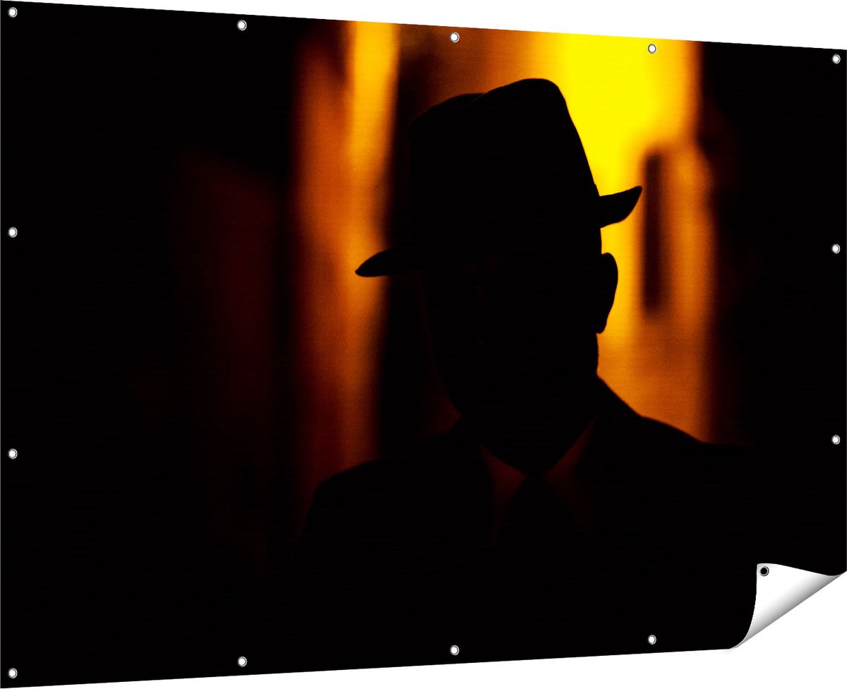 Gards Tuinposter Silhouet van een Man met een Hoed - 180x120 cm - Tuindoek - Tuindecoratie - Wanddecoratie buiten - Tuinschilderij Multikleur