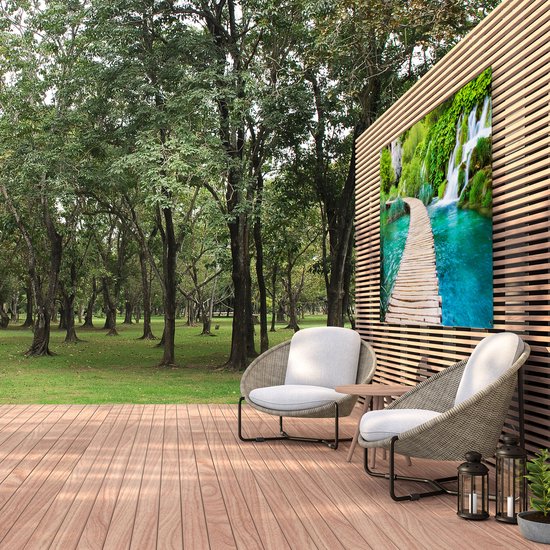 Affiche de jardin Gards Chemin en bois sur l' Water à la Chutes d'eau - 180x120 cm - Toile de jardin - Décoration de jardin - Décoration murale extérieur - Tableau de jardin