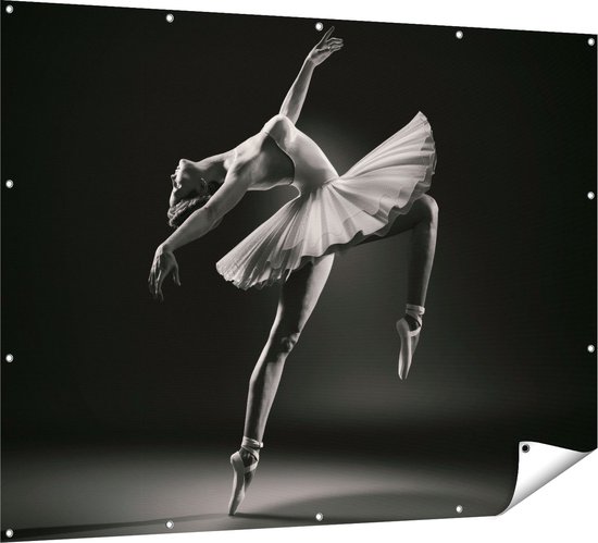 Gards Tuinposter Ballerina op Haar Tenen - Ballet - Zwart Wit - 160x120 cm - Tuindoek - Tuindecoratie - Wanddecoratie buiten - Tuinschilderij