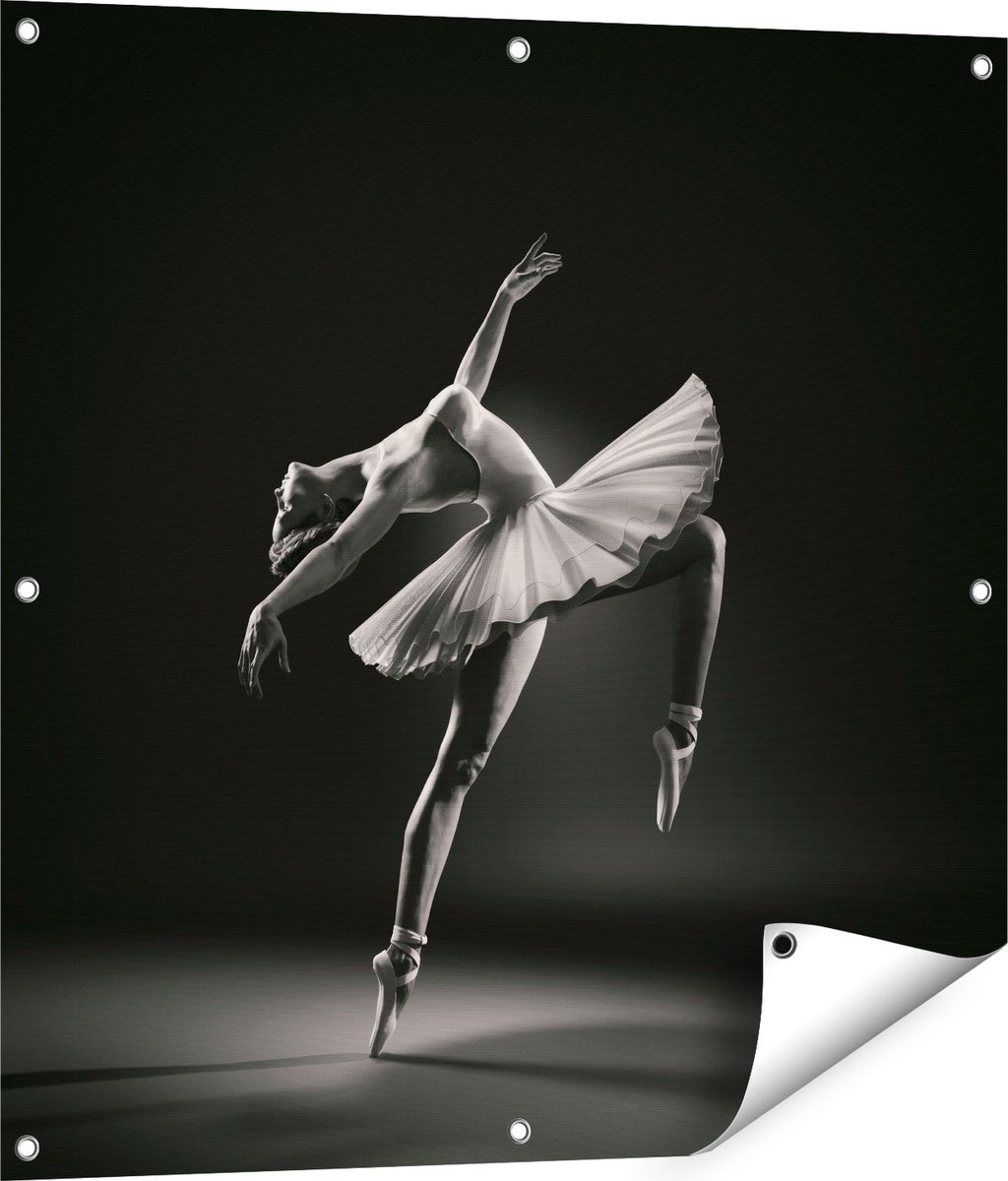 Gards Tuinposter Ballerina op Haar Tenen - Ballet - Zwart Wit - 80x80 cm - Tuindoek - Tuindecoratie - Wanddecoratie buiten - Tuinschilderij Multikleur