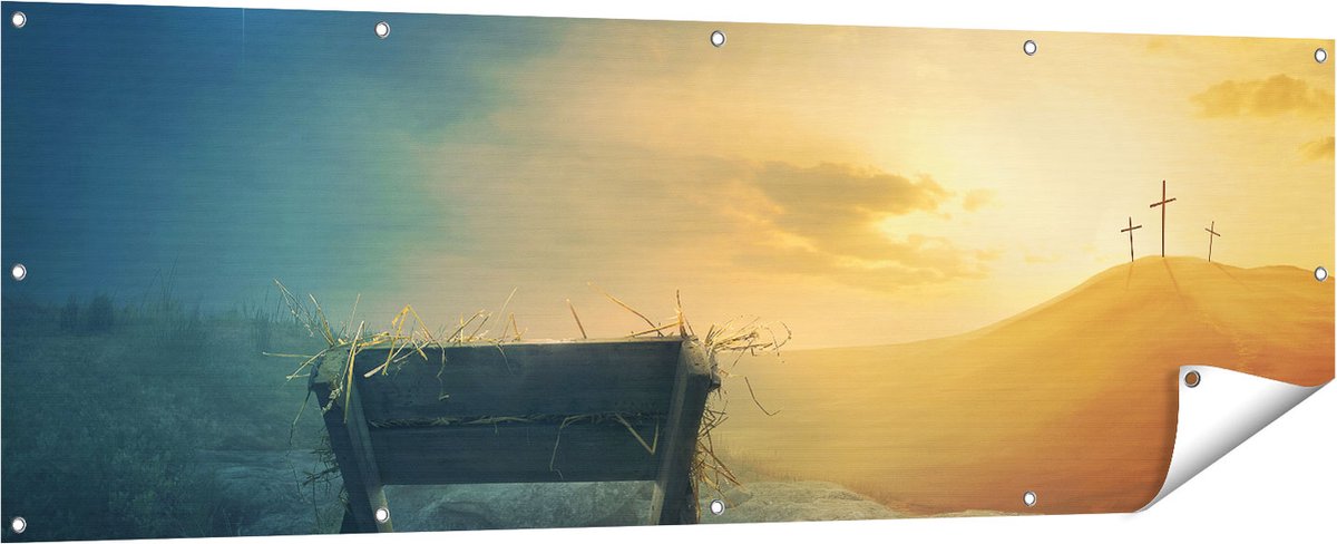 Gards Tuinposter Kribbe en Drie Kruisen - 180x60 cm - Tuindoek - Tuindecoratie - Wanddecoratie buiten - Tuinschilderij Multikleur
