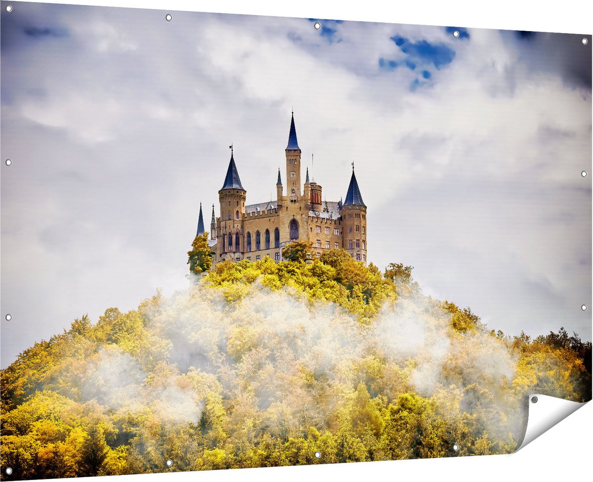 Gards Tuinposter Kasteel op de Berg in het Bos - 180x120 cm - Tuindoek - Tuindecoratie - Wanddecoratie buiten - Tuinschilderij Multikleur