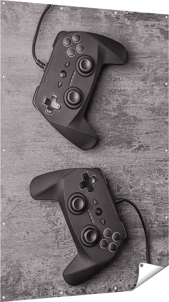 Gards Tuinposter Twee Game Controllers op Tafel - Gaming - 120x180 cm - Tuindoek - Tuindecoratie - Wanddecoratie buiten - Tuinschilderij Multikleur