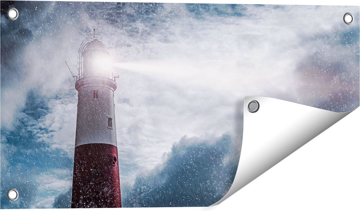 Gards Tuinposter Vuurtoren tijdens de Regen Storm - 60x30 cm - Tuindoek - Tuindecoratie - Wanddecoratie buiten - Tuinschilderij Multikleur