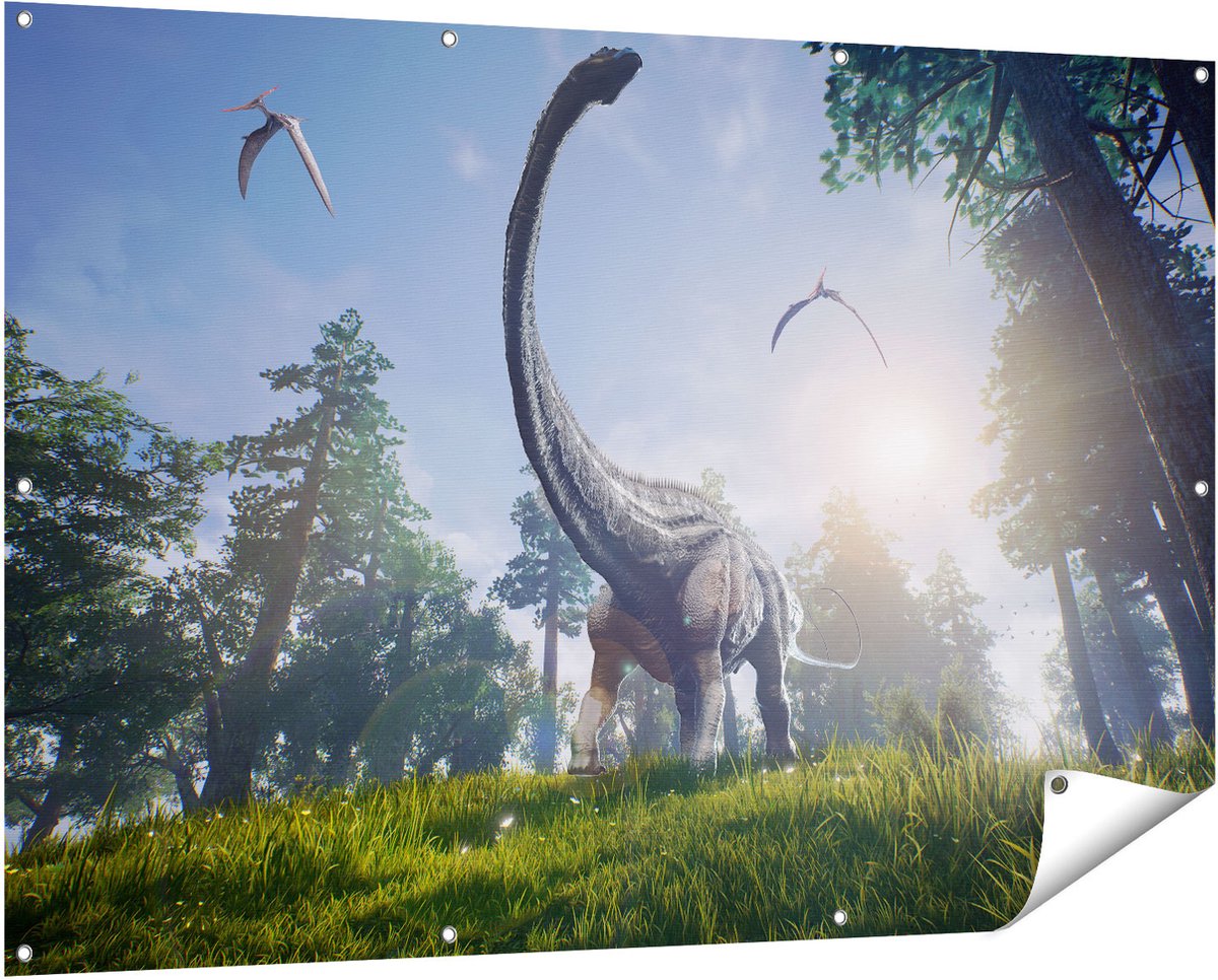 Gards Tuinposter Diplodocus Dinosauri�r in het Bos - 150x100 cm - Tuindoek - Tuindecoratie - Wanddecoratie buiten - Tuinschilderij Multikleur