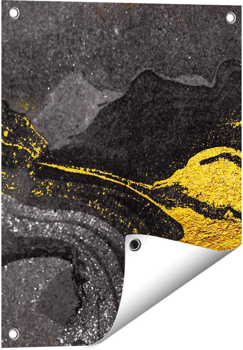 Gards Tuinposter Abstracte Kunst - Zwart Gouden Marmer - 40x50 cm - Tuindoek - Tuindecoratie - Wanddecoratie buiten - Tuinschilderij Multikleur