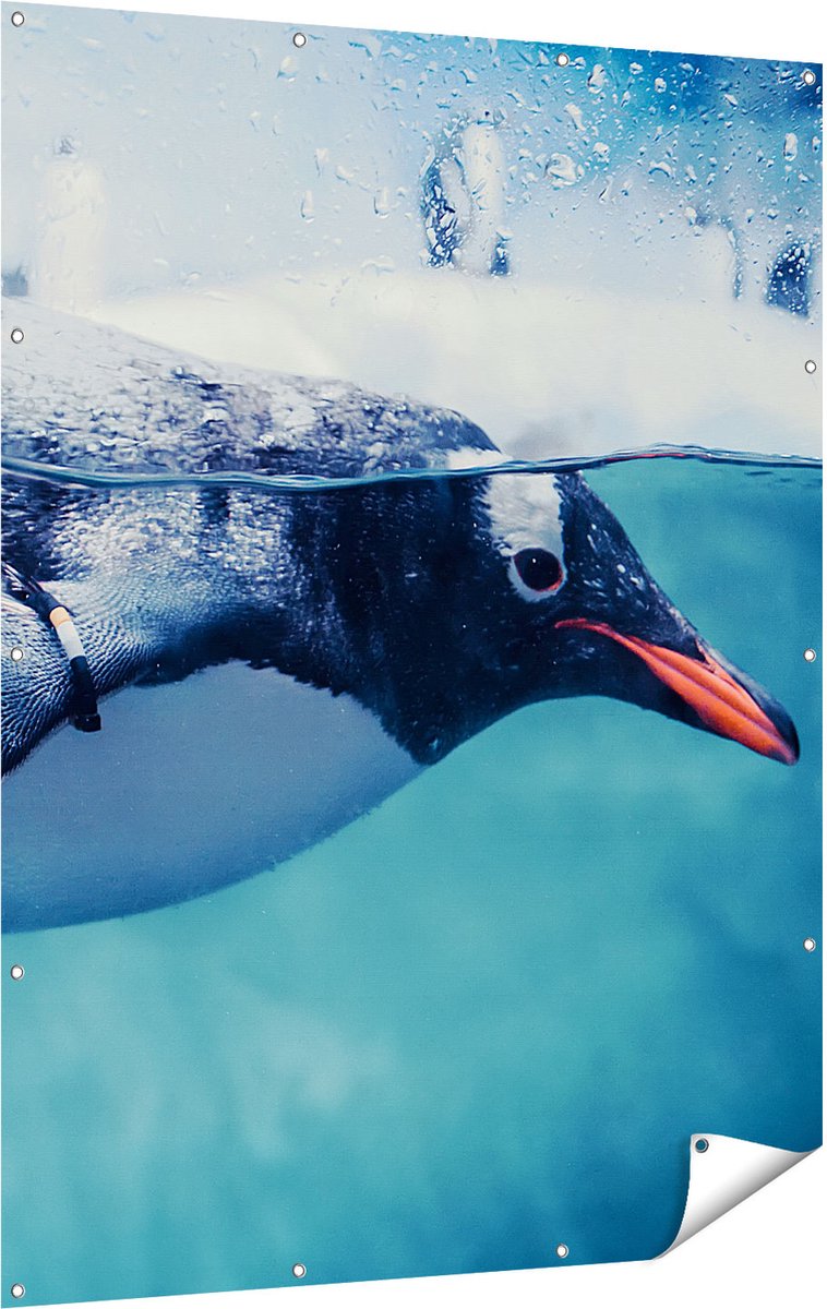 Gards Tuinposter Pingu�n Zwemt in het Water - 120x160 cm - Tuindoek - Tuindecoratie - Wanddecoratie buiten - Tuinschilderij Multikleur
