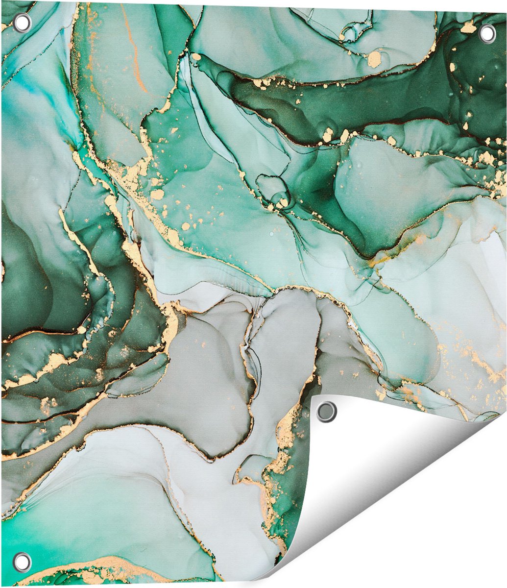 Gards Tuinposter Abstracte Kunst - Blauwe Marmer met Goud - 50x50 cm - Tuindoek - Tuindecoratie - Wanddecoratie buiten - Tuinschilderij Multikleur