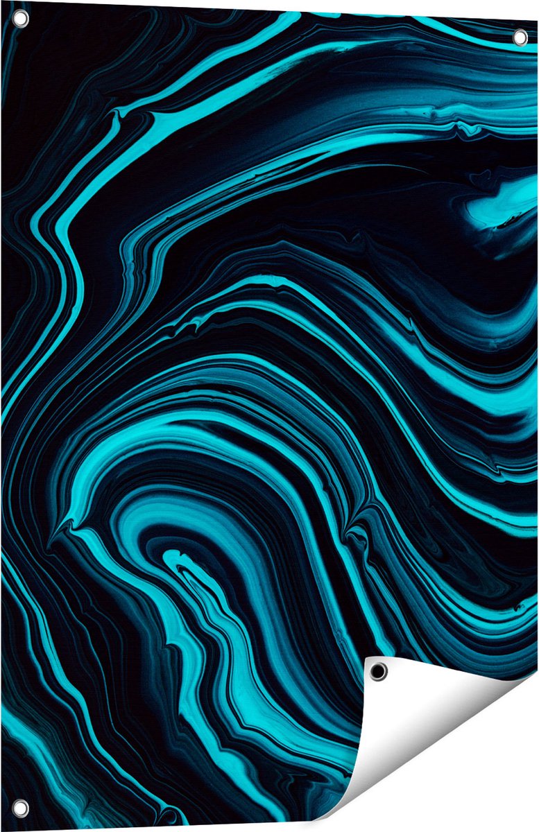 Gards Tuinposter Abstracte Kunst - Aqua Blauw met Zwart - 60x80 cm - Tuindoek - Tuindecoratie - Wanddecoratie buiten - Tuinschilderij Multikleur