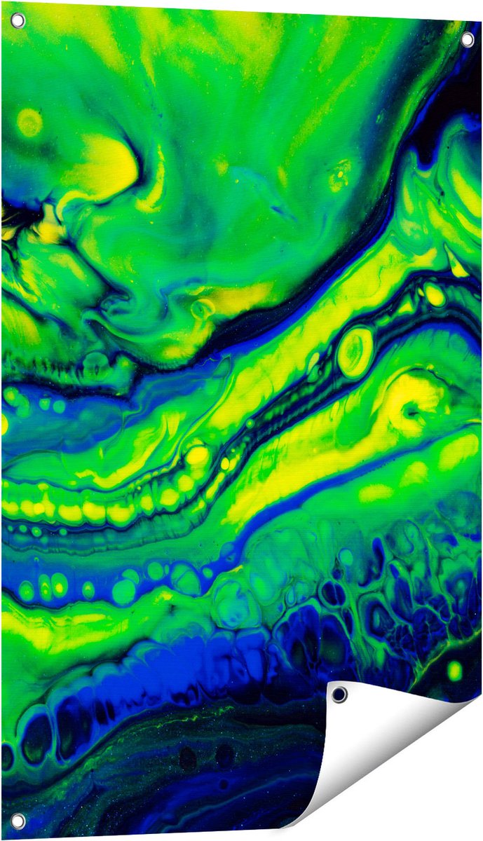 Gards Tuinposter Abstracte Kunst Blauw met Groen - 60x90 cm - Tuindoek - Tuindecoratie - Wanddecoratie buiten - Tuinschilderij Multikleur