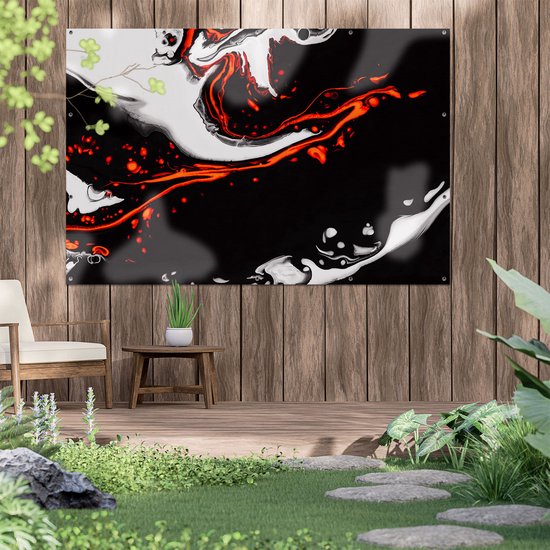 Gards Tuinposter Abstracte Kunst - Zwart en Wit met Rood - 180x120 cm - Tuindoek - Tuindecoratie - Wanddecoratie buiten - Tuinschilderij