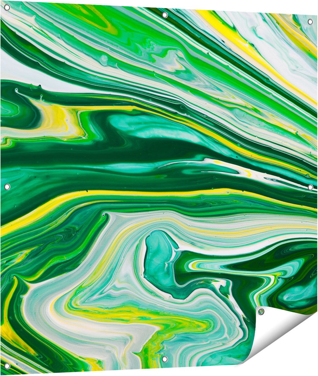 Gards Tuinposter Abstracte Kunst - Groen met Gele Verf - 100x100 cm - Tuindoek - Tuindecoratie - Wanddecoratie buiten - Tuinschilderij Multikleur