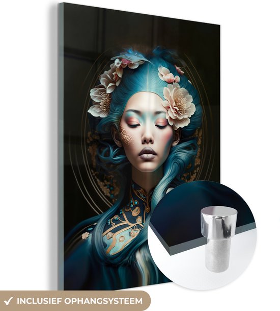 MuchoWow® Peinture sur verre - Femmes - Fleurs - Portrait - Asiatique - 30x40 cm - Peintures sur verre acrylique - Photo sur Glas