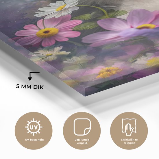 MuchoWow® Peinture sur verre 120x160 cm - Peinture sur verre acrylique - Chien - Fleurs - Nature - Puppy - Border collie - Photo sur verre - Peintures