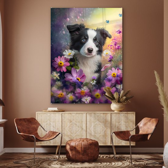 MuchoWow® Peinture sur verre 120x160 cm - Peinture sur verre acrylique - Chien - Fleurs - Nature - Puppy - Border collie - Photo sur verre - Peintures
