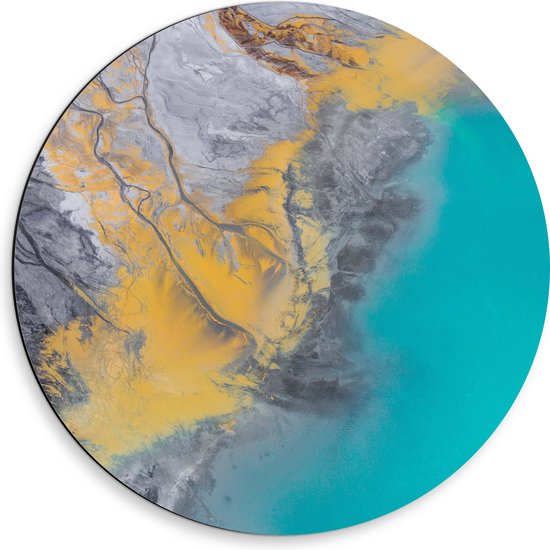 Dibond Muurcirkel - Abstract Bruin, Geel en Blauwe Vlekken - 50x50 cm Foto op Aluminium Muurcirkel (met ophangsysteem)