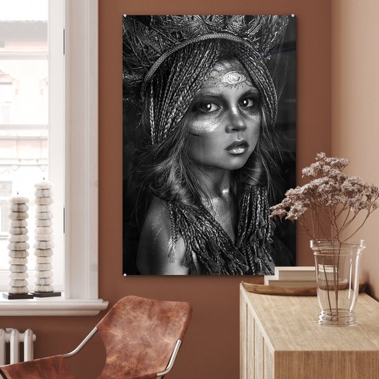 Tableau sur verre femme - Kroon - Argent - Luxe - Plaque de verre - Décoration salon - Décoration Verres - Photo sur verre - 80x120 cm - Panneau de Verres - Décoration murale verre - Tableaux verre