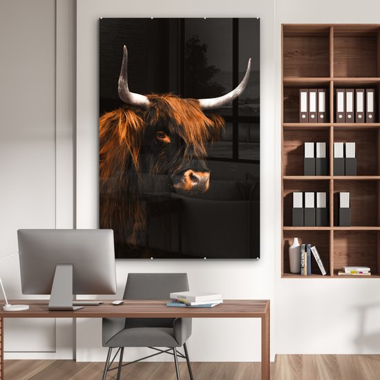MuchoWow® Peinture sur verre 100x150 cm - Peinture sur verre acrylique - Highlander écossais - Zwart - Fourrure - Photo sur verre - Peintures