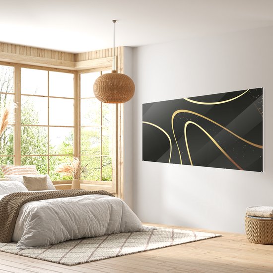 MuchoWow® Peinture sur verre 160x80 cm - Peinture sur verre acrylique - Vagues dorées sur fond noir - Photo sur verre - Peintures